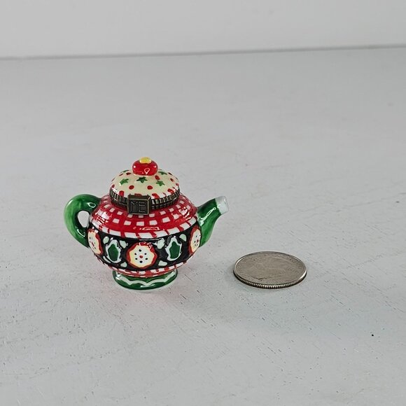 Mary Engelbreit Enesco Ceramic Teapot Trinket Box Red & Green Checkered Design - Picture 7 of 8